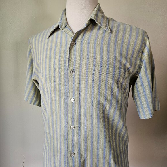 JC Penney Vintage 60s Oxford Cloth Striped Green Blue Short Sleeve Dress Shirt M - Picture 2 of 8